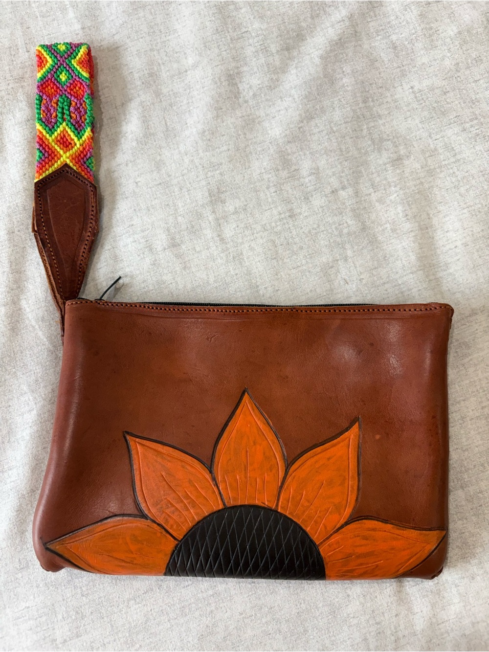 Handcrafted Cognac Leather Wristlet Clutch with Orange Sunflower